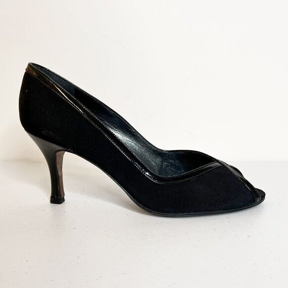 Stuart Weitzman Black Peep Toe Pumps with Patent Leather Trim Detail - Picture 2 of 7